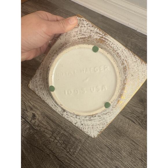 Vintage Royal Haeger Ashtray Square Gold Tweed White Swirl MCM Retro Atomic 7” - Picture 6 of 11